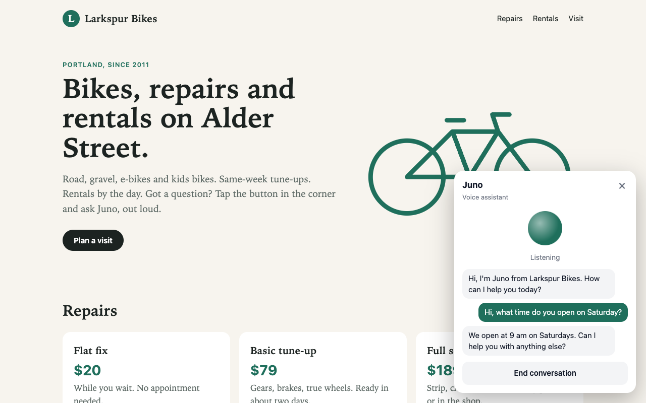 Juno, the voice assistant, open on the Larkspur Bikes test site